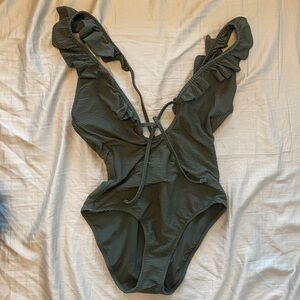 aerie textured ruffle tie one piece size small olive new